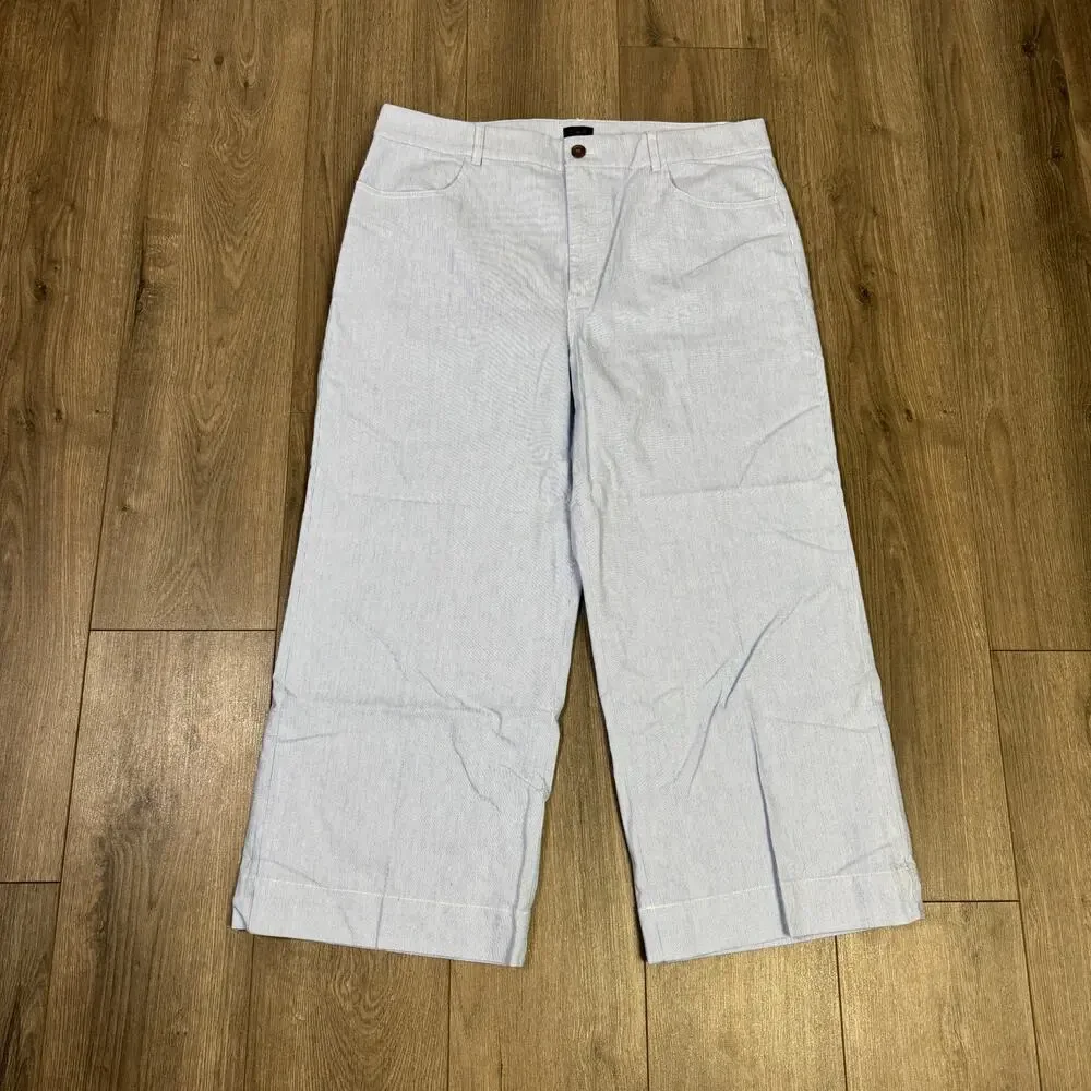 J.Crew Striped High Rise Wide Leg Cropped Pants Sz 33 Blue White Stretch Zip Fly
